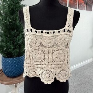 Rebellion Again Crochet Tank Top Women Size M Ivory Lined Boho Floral New NWT